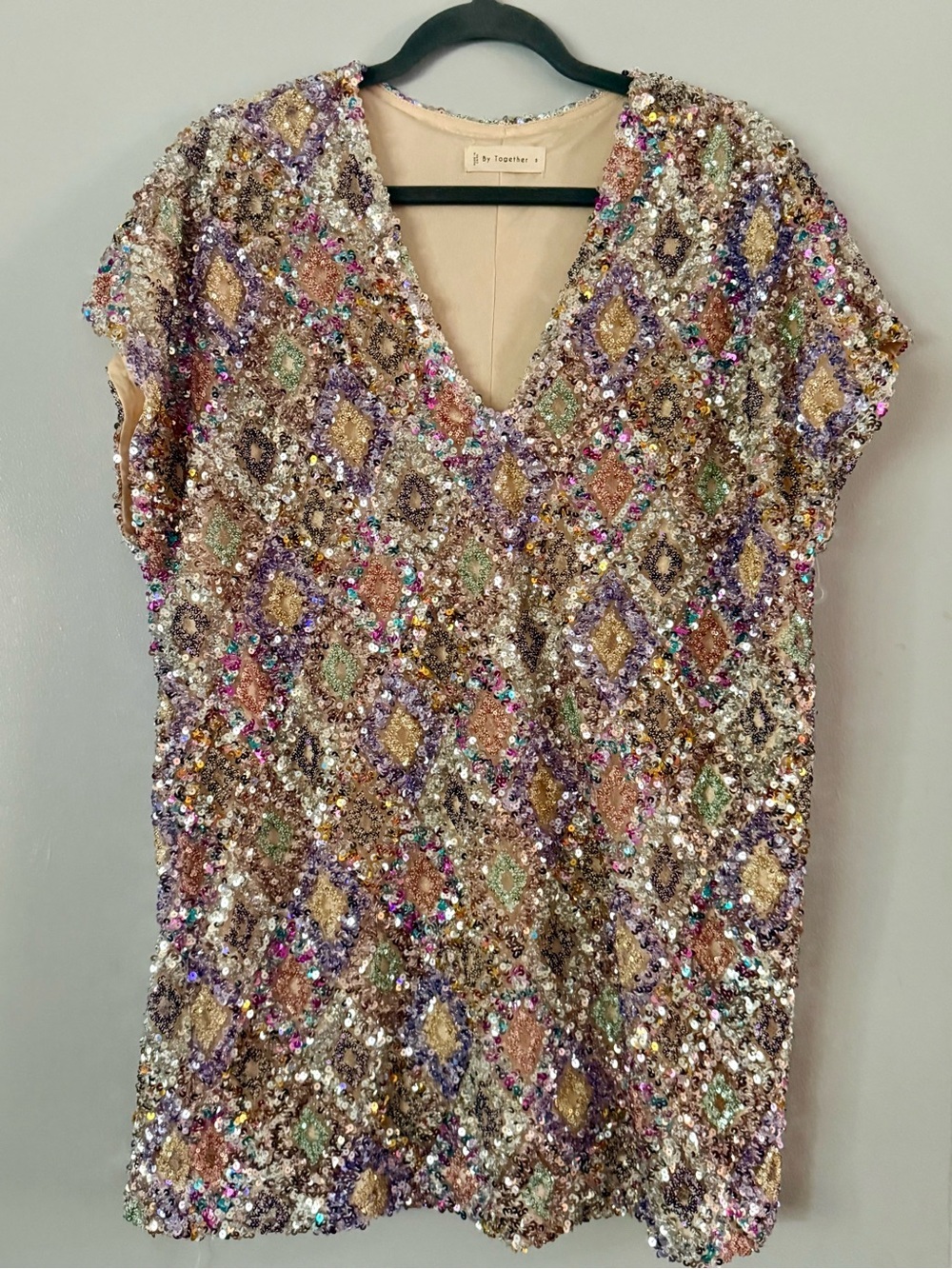 By Together Farrah Sequin V-Neck Tunic Dress Multicolor Patchwork Mini S